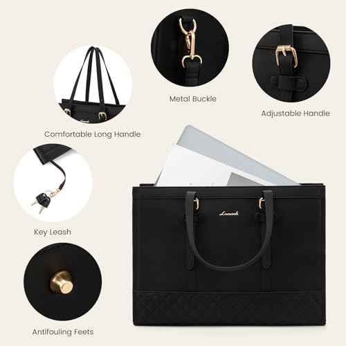 LOVEVOOK Women's 15.6 inch Laptop Tote, Waterproof PU Leather Computer Work Bag, Large Capacity Business Office Tote Black