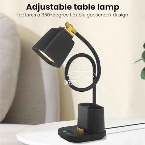 Desk Lamp for Home Office, with USB Charging Port & Pen Holder, Touch Control Dimmable, Perfect for Study, Reading, Work - Black