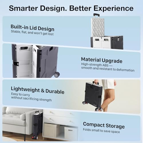 Folding Utility Cart with Lid, 60L Collapsible Rolling Crate, 165LBS Heavy Duty Foldable Shopping Cart, Portable Rolling Utility Crate with Wheels for Groceries, Tools, Office, Teachers, Storage,Black