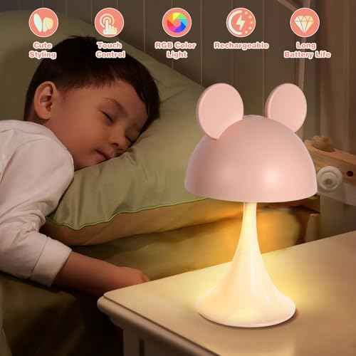 Rechargeable Mouse Shape LED Dimmable Touch Desk Lamp Reading Night Light Cute Bedside Lamp (Pink)