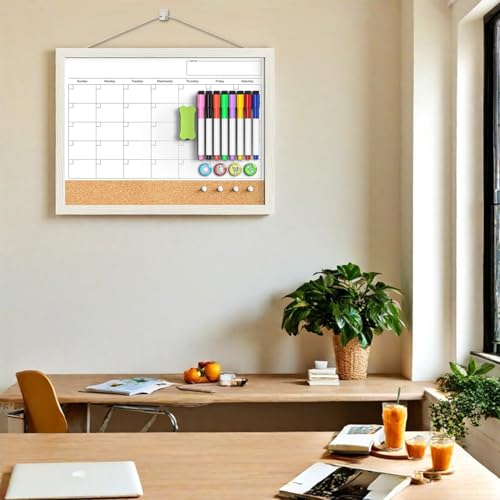 Tankee 17x13 Wall Dry Erase Calendar with Corkboard - White/Wood Frame