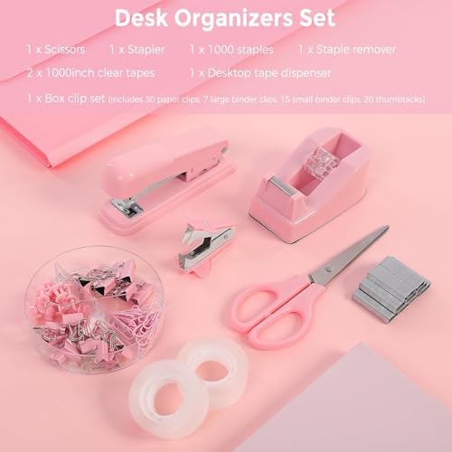 Pink Office Desk Accessories Set with Stapler and Tape Dispenser – SKYDUE