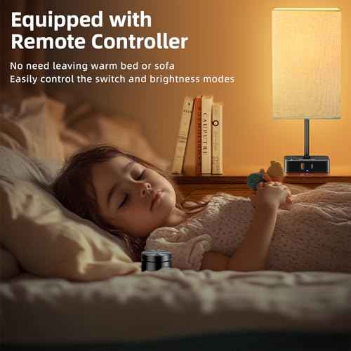 Bedside Lamp with Remote Control & Dimmable Light, 2 AC Outlets + USB-C/USB-A Charging Ports, Beige Shade Nightstand Table Desk Lamp for Bedroom, Living Room, Home Office Decor | College Essentials