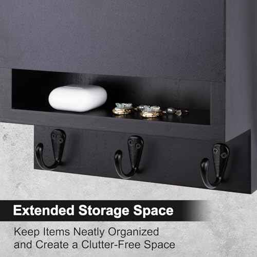 Key and Mail Holder for Wall, Key Holder with Chalkboard and Long Storage Box, Key Hanger with 3 Sturdy Hooks for Coat, Dog Leash, Entryway Mail Organizer (Black)
