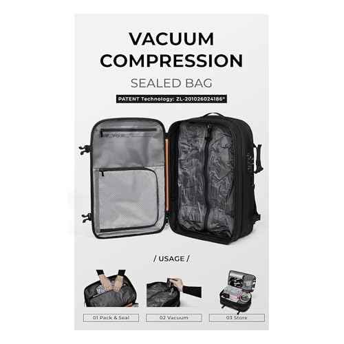 AirVault Vacuum Seal Travel Backpack 60L with Expandable Vortex Air Compression Vacuum System Water Resistant TSA Lock (Vacuum Pump Included, Black, 60L)