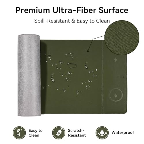 Wireless Charging Mouse Pad, 15W Fast Charge Magnetic Charger Desk Pad, Large Office Desk Mat (35.4"x16.9") with Ultra-Smooth Surface, Military Green Computer Mousepad for MacBook, PC, Laptop