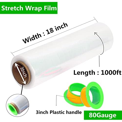 2-Pack Clear Stretch Wrap 18" x 1000 Feet 80 Gauge Industrial Strength with Plastic Handle, Plastic Pallet Supplies Durable Self-Adhering for Packing, Moving, Heavy Duty Shrink Film Rolls