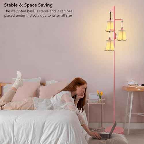 Lightdot 66IN Dimmable Floor Lamp for Living Room, Industrial 3-Light Tree Floor Lamps with LED E26 Bulbs Included, Mid Century Floor Lamp with Fabric Flower Lampshades for Bedroom HOM Office-Pink