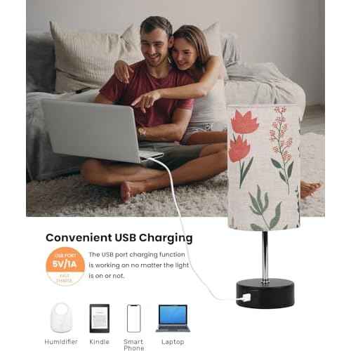 Touch Bedside Table Lamp, 2 USB Ports, 3-Way Dimmable Bedside Lamp for Bedroom, Nightstand Lamp with Round Flower Fabric Shade for Living Room, Home Office