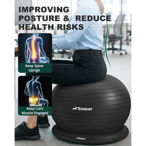 Trideer Exercise Ball for Office Desk, Yoga Ball Chair to Relieve Back Pain, Stability & Fitness Ball Seat with Base, Home Gym Core Workout, Abs, Stretching & Therapy