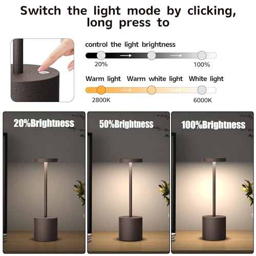 2Pack Cordless Table Lamp, Rechargeable LED Battery 5000mAh Metal USB Portable Powered Desk Lamp, 3 Levels Brightness Light for Restaurants Outdoor (2pack 10.25in ferrugino)