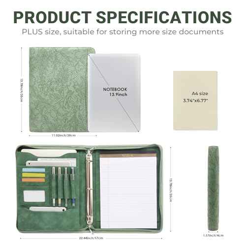 Green Embossed Faux Leather Zippered Padfolio with 3 Ring Binder, Executive Organizer Binder for Women, Fits 13.9" Laptop/Tablet, Refillable Writing Pad