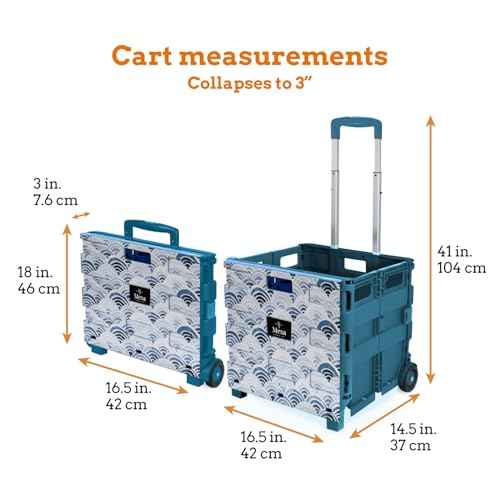 Inspired Living Ultra-Slim Rolling Collapsible Storage Pack-N-Roll Utility-carts, with Telescopic Handle, for Home, Garden, Shopping, Office, School use, Large, Blue, Wave Print