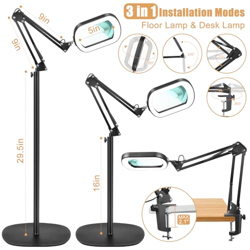 10X Magnifying Glass with Light and Stand, 3-in-1 Magnifying Floor Lamp with Clamp, 5 Color Modes LED Dimmable Standing Magnifier with Light Hands Free for Close Work, Sewing, Painting, Reading