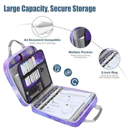 MoKo Zipper Binder, 2 inch 3 Ring Binder with 500 Sheet Capacity Multi-Pocket School Bag with Padded Shoulder Strap Handle, School Supplies Organizer for Middle Student, Star Purple