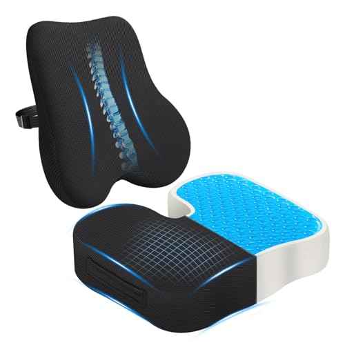 Gel-Infused Seat Cushion & Memory Foam Lumbar Pillow Set,Non-Slip Bottom£¬Breathable Mesh Cover£¬Portable Handle - Ergonomic Support for Office Chair Cushion, Car Seat Cushion and Wheelchair£¬Black