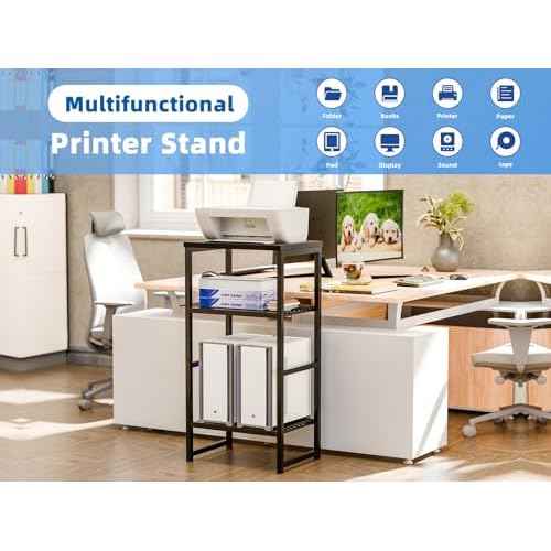 Industrial Printer Stand 3 Tier, Home Printer Wood Table with Wire Storage Shelf for Scanner Fax Machine, Heavy Duty Metal, Black