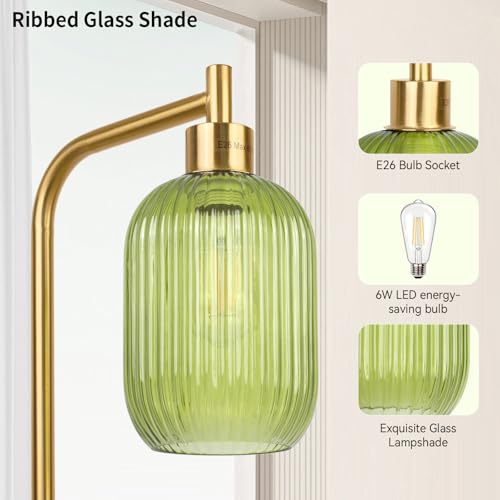 Dimmerable Glass Floor Lamp for Living Room,Modern Standing Lamp with Green Ribbed Glass Lampshade,Gold Plated Tall Lamp for Bedroom Reading Room Office,Dimmer LED Bulb Included.