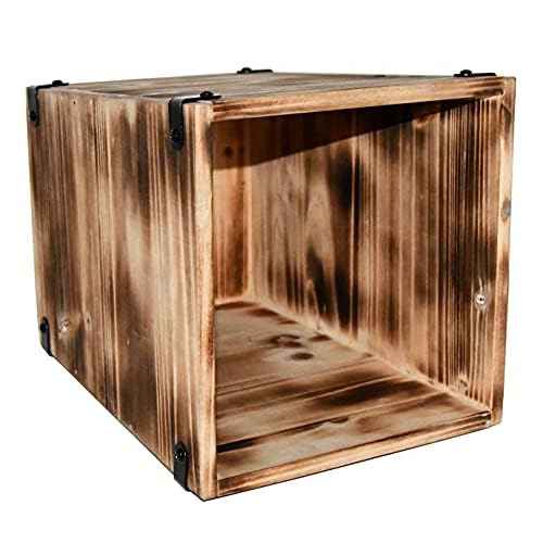 Owlgift Decorative Rustic Burnt Wood Trash Can, Farmhouse Stylish Wooden Waste Basket Near Desk, Square Garbage Cans Trashcan with Metal Brackets for Office, Bedroom & Bathroom