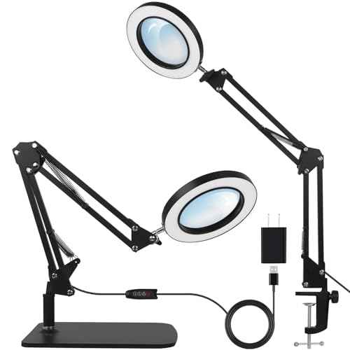 2-in-1 LED Magnifier Desk Lamp with Clamp,Magnifying Glass with Light and Stand,3 Color Modes Stepless Dimming, for Home Office Close Work, Repair, Crafts, Reading,Sewing