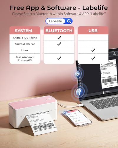 Pink Phomemo Bluetooth Thermal Label Printer with 20 Labels - Wireless & USB