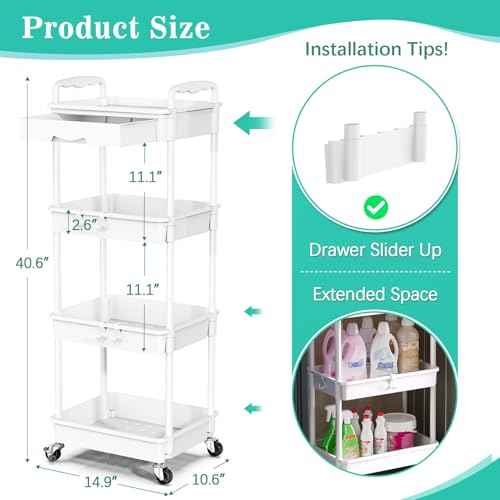 4 Tier Rolling Utility Cart with Drawer, Storage Organizer Cart with 2 Lockable Wheels, Multifunctional Rolling Storage Cart for Bathroom, Kitchen, Craft, Makeup, Baby Essentials, White