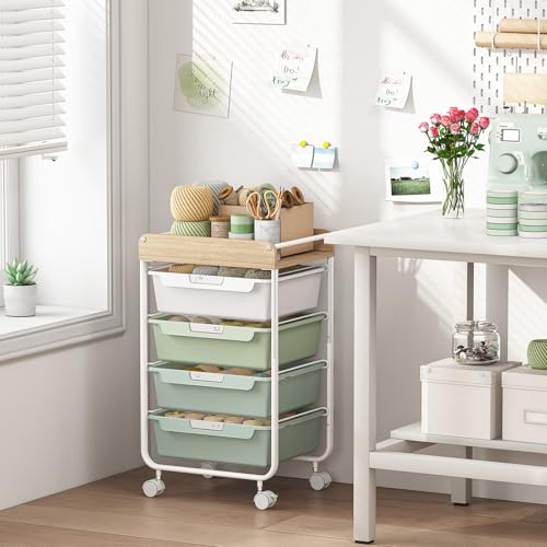 SYKIARIOL Green 4-Drawer Rolling Storage Cart with Wooden Top, Multi-Use Organizer