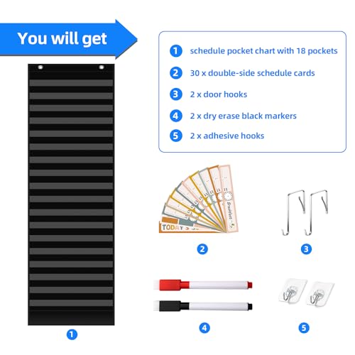REGELETO Boho 18+1 Pockets Daily Schedule Pocket Chart - Black, Classroom Organizer