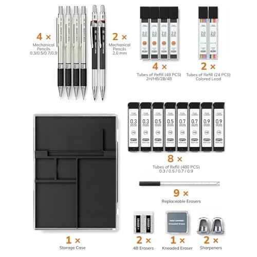 Four Candies 27PCS Art Mechanical Pencil Set with Case, 4PCS Metal Drawing Pencil 0.3, 0.5, 0.7, 0.9 mm & 2PCS 2mm Lead Holder (HB 2H 2B 4B Color) with 552 Graphite Lead Refills for Drawing Sketching