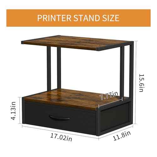 Printer Stand with Storage for Desk, with Fabric Drawer Desktop Printer Stand Shelf Organzier for Home Office, for Above and Under Desk Printer Table, Fax Machine Copier Scanner, Rustic Brown