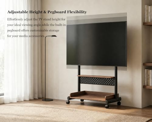 FITUEYES Walnut Rolling TV Stand Mount for 40-85in TVs with Wooden Shelf