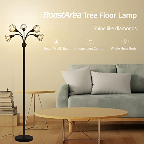 Floor Lamp, Industrial Floor Lamps for Living Room,Tree Standing Lamp Bright with 5 Charm Diamond Head 2000 Lumens Edison Bulbs LED,3 Way Switch,Modern Stand up Lamp for Bedroom Office Farmhouse