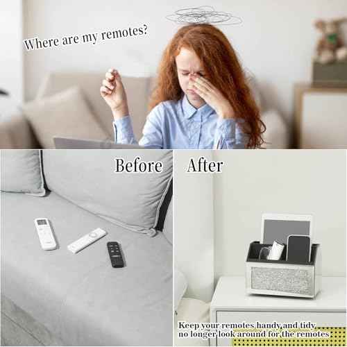 SWTHONY 360 Rotating TV Remote Control Holder Storage Caddy for Pad Phone Pen and Pencils, Makeup Brush, Silver Crushed Diamond Desk Organizer for Bedroom Livingroom