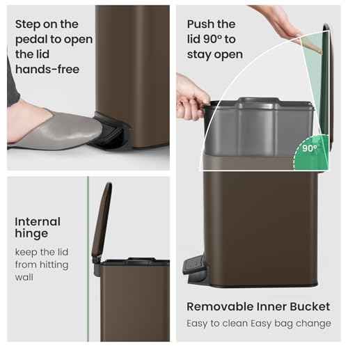 Cesun Small Bathroom Trash Can with Lid Soft Close, Step Pedal, 6 Liter / 1.6 Gallon Stainless Steel Garbage Can with Removable Inner Bucket, Anti-Fingerprint Finish (Brown)