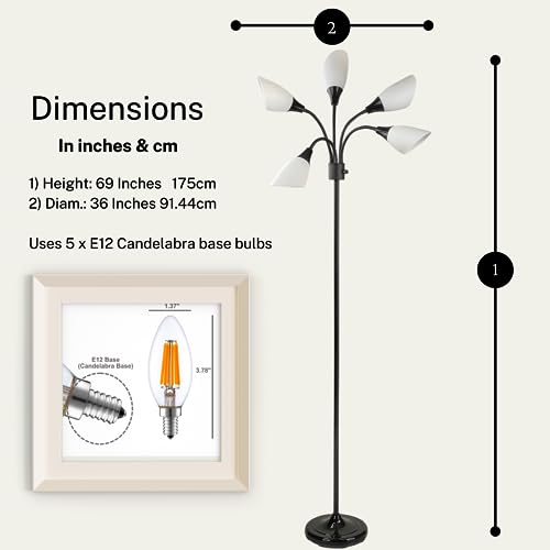 LIGHTACCENTS Multi-Head 5-Light Floor Lamp, Adjustable Standing Lamp with 3-Mode Switch, White Acrylic Shades, Black Finish, Perfect Floor Lamps for Living Room & Bedroom Room Lights