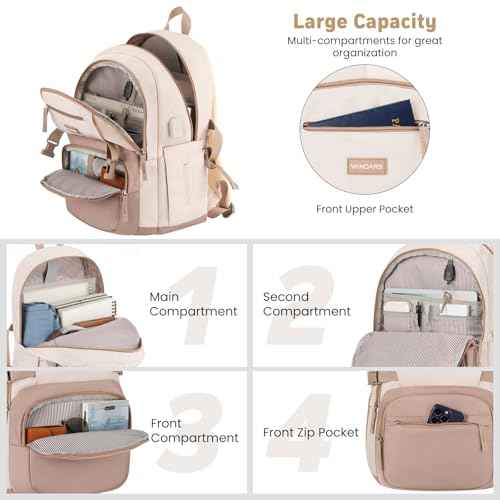 Backpack for School Girls, Cute High School Backpacks for Teens Women Student Large Bookbag 15.6 Inch Laptop Bag with USB Charger Port for College Work Travel Trip (Khaki Beige)