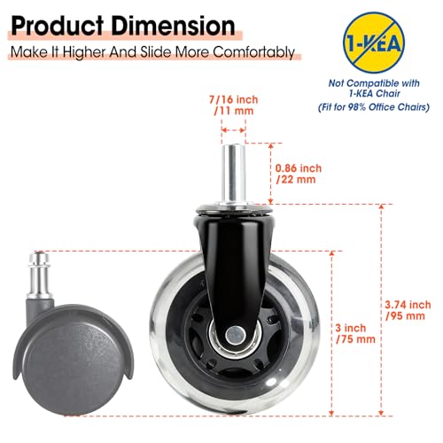 BGUP 10-Pack Office Chair Wheels Heavy Duty Caster Set 7/16" x 7/8" Universal Replacement (Not for IKEA)