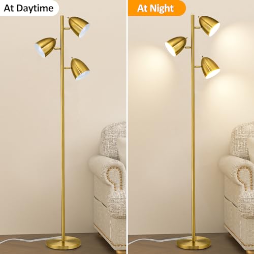 Tree Floor Lamp with 3 Light Bulbs Standing Tall Pole Lamps with Adjustable Metal Heads 65"Reading Stand up Lamps with E26 Base Modern Floor Lamps for Living Rooms, Bedrooms, Home, Office(Gold)