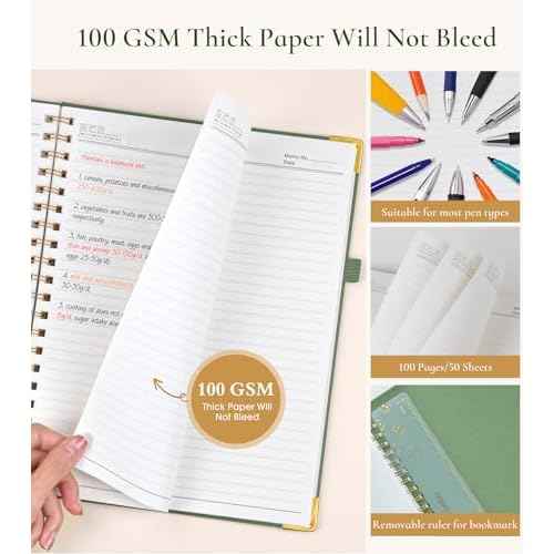 Hardcover Spiral Notebook Journal 8.5¡± x 11¡±, A4 Large Leather Notebooks for Women Men, Lined College Ruled Notebook, 100 GSM Paper, Spiral Bound Journals for Work School Note Taking Business, Green