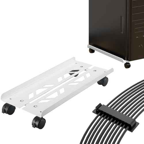 Mobile CPU Stand with Self Adhesive Cable Management Clips, Adjustable PC Tower Stand, Computer Tower Stand with 4 Caster Wheels Fits Most PC (White)