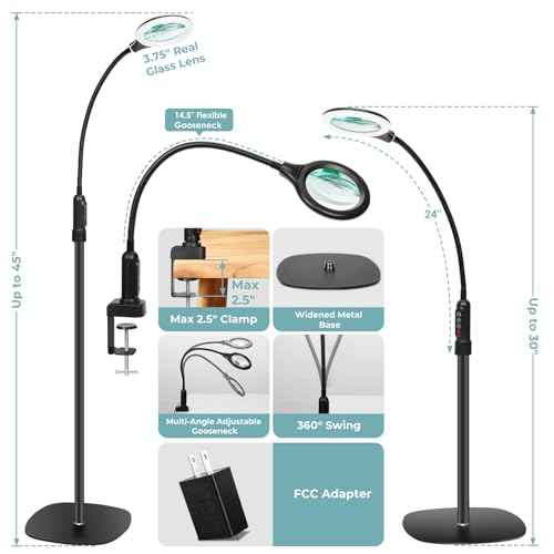 10X Magnifying Glass with Light and Stand, Flexible Gooseneck Magnifying Floor Lamp with Light, 3-in-1 LED 5 Color Modes, Stepless Dimmable Lighted Magnifier Hands Free for Close Work, Craft, Reading