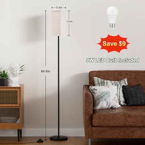 Ambimall Floor Lamps for Living Room & Remote Control, 9W Stepless Dimmable Bulb, Foot Switch, 64'' Tall Standing Lamp, Beige Lampshade(Black)
