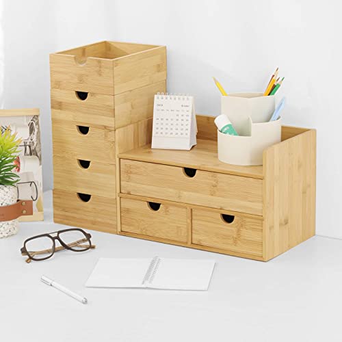 Wisuce Bamboo Desk Organizer with Shelf & 3 Drawers - Office Storage