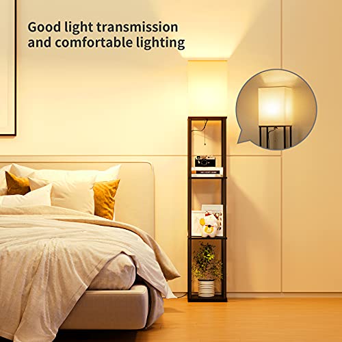 SUNMORY Black Square 4-Tier Shelf Floor Lamp with Shelves, Adjustable Color Temperature