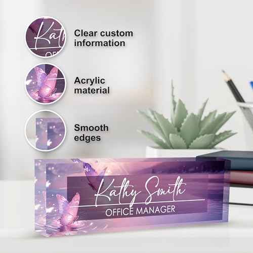 Personalized Name Plate for Desk, Custom Desk Name Plate, Acrylic Name Plate Office Desk Accessories, Personalized Office Gifts for Coworkers Teachers, Employee Appreciation Gifts (Pink Butterfly)