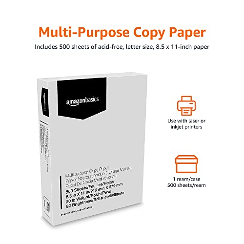Amazon Basics 8.5 x 11 Inch Multipurpose Copy Paper - 1 Ream, 500 Sheets, 20Lb Bright White