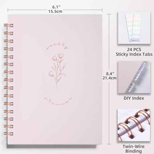 Undated Weekly and Monthly Planner Spiral Bound- Weekly Goals Notebook, To Do List, Habit Tracker Journal, Academic, Aesthetic, Stylish School or Office Supplies (6.1" x 8.4" - Pink)