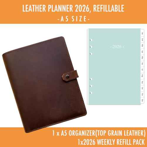 2026 Leather Planner - A5 Genuine Leather 6-Ring Binder Planner with Weekly & Monthly Pages for Men and Women, Inner Pockets and Pen Holder, Refillable