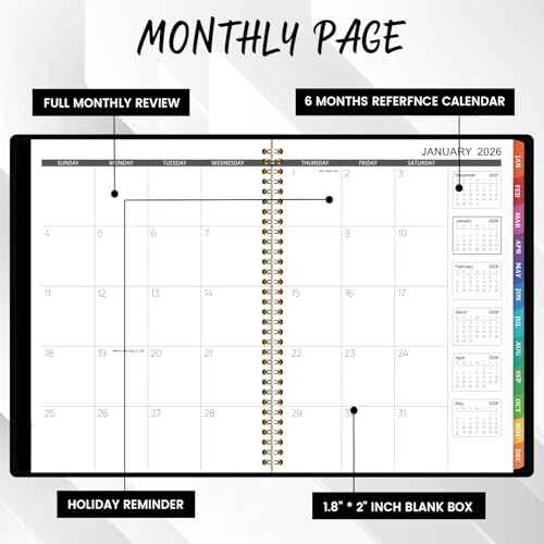 2026 Monthly Planner - 2026 Planner, 12 Monthly Planner/Calendar, Jan. 2026 - Dec. 2026, 8.86" x 11.4", Colorful Tabs, Faux Leather, Pocket, Note Pages, Twin-Wire Binding