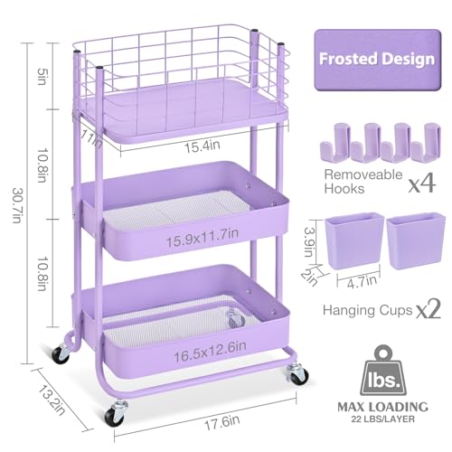 KINGRACK 3 Tier Rolling Cart, Metal Mobile Storage Shelf with Lockable Wheels, Prevent Falling Utility Trolley Cart, Storage Organizer for Kitchen, Office, Bathroom, Dorm, Purple